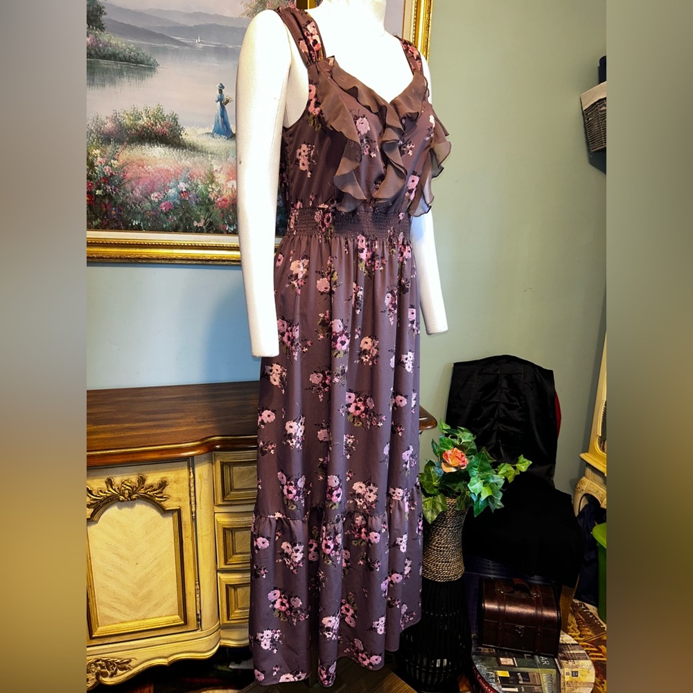 Lauren Conrad Long Pink Plum Purple Floral Chiffon Ruffle Sleeveless Maxi  Dress - Picture 6 of 9